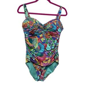 Bleu Rod Beattie Colorful‎ Floral One Piece Swimsuit Ruched Bodice Resort